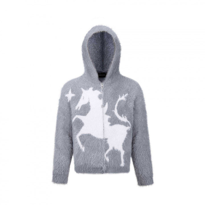 Unisex Flauschiger Kapuzenpullover mit Einhorn-Motiv und durchgehendem Reißverschluss Drune