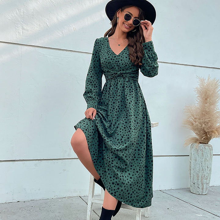 Damen Midikleid im Retro-Pünktchen-Design mit Wickeloptik, V-Ausschnitt und tailliertem Bindegürtel Drune