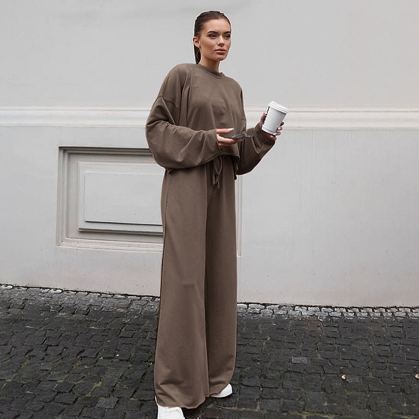 Damen Bequemes Cropped Sweatshirt und Weite Hose Set Drune