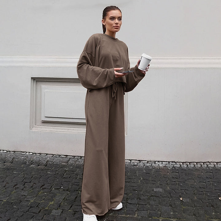 Damen Bequemes Cropped Sweatshirt und Weite Hose Set Drune