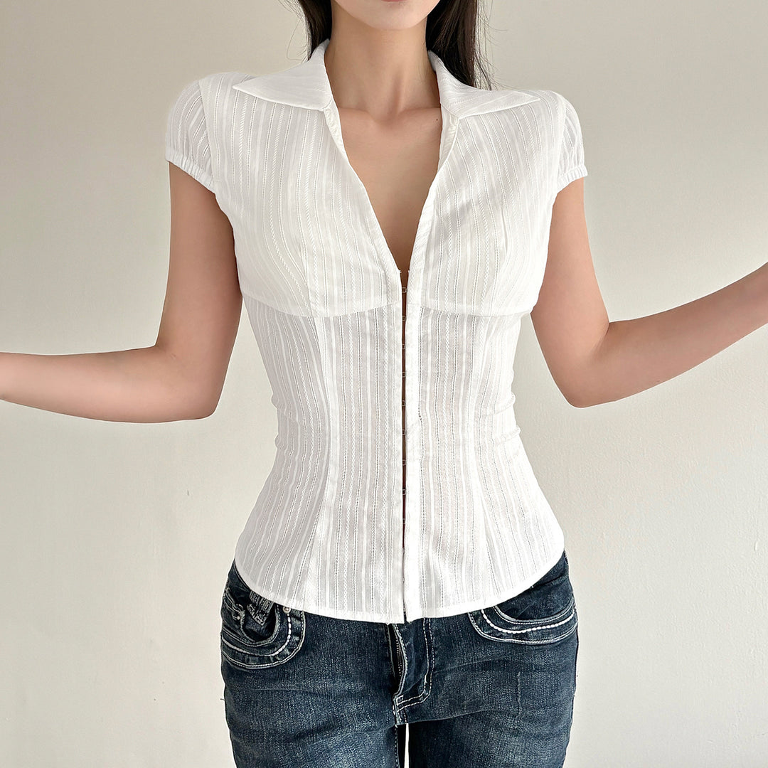 Damen Elegantes kurzärmliges Blusenshirt mit schickem Stehkragen und Reißverschluss Drune