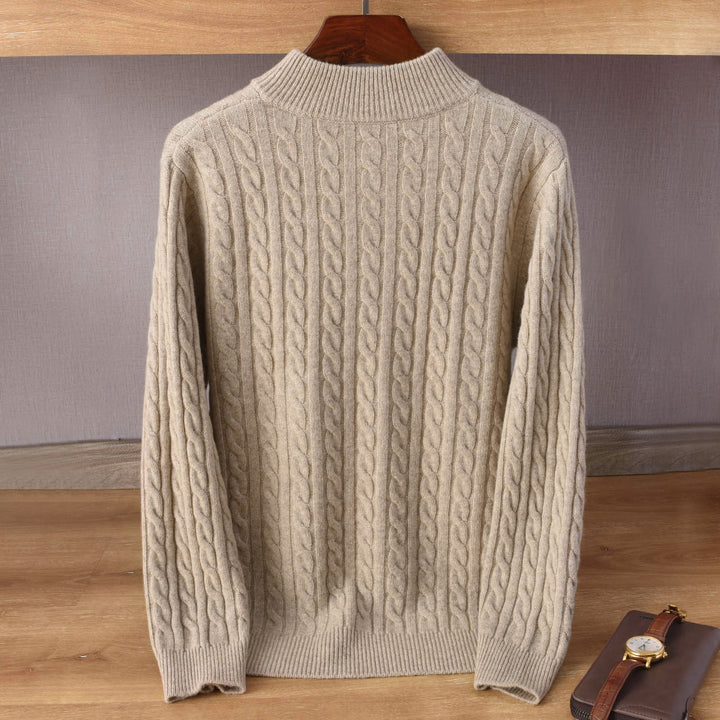 Herren Zopfmuster-Halbzip-Pullover aus weichem Wollmix mit Stehkragen Drune