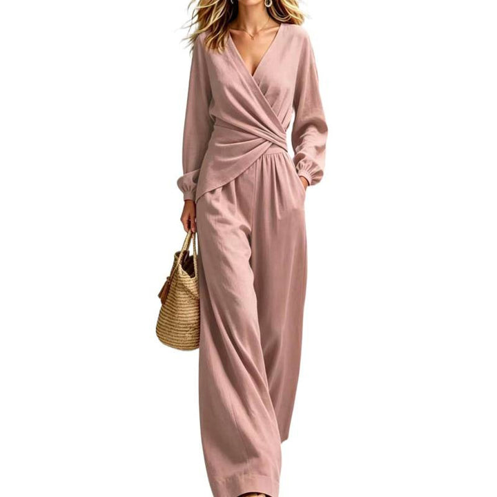 Damen Wickel-Jumpsuit mit weitem Bein und V-Ausschnitt Drune