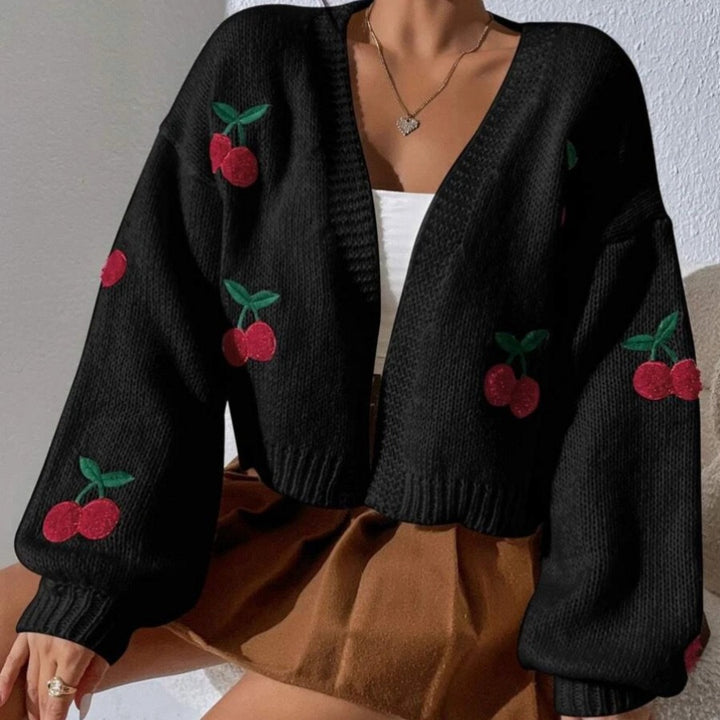 Damen kuschelige Strickjacke mit fruchtigem Stickmuster und weitem Schnitt Drune