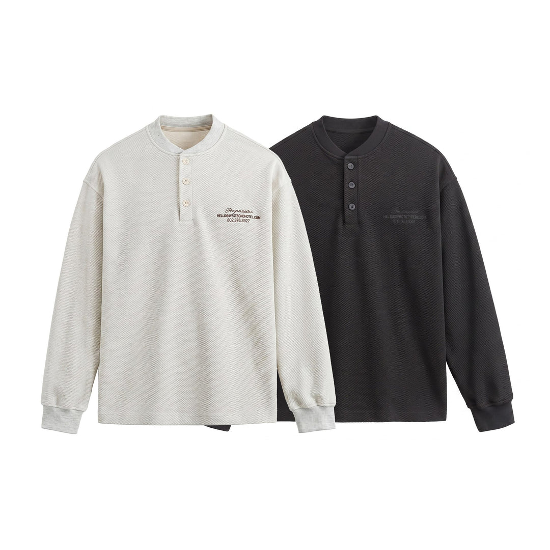 Unisex Strukturierter Henley-Pullover mit Knopfleiste und geripptem Stehkragen Drune