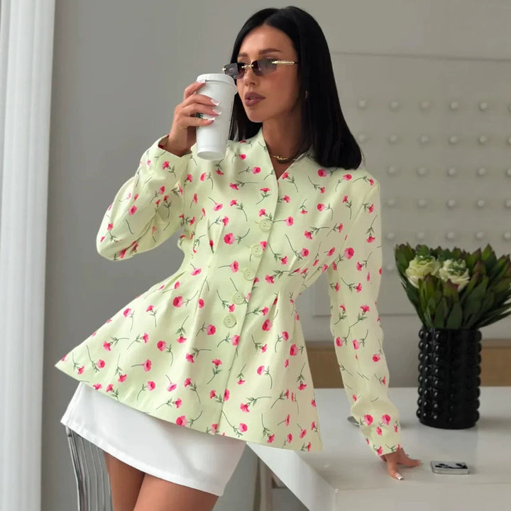 Damen Taillierter Blazer mit Schößchen, dekorativen Knöpfen und floralem Muster Drune