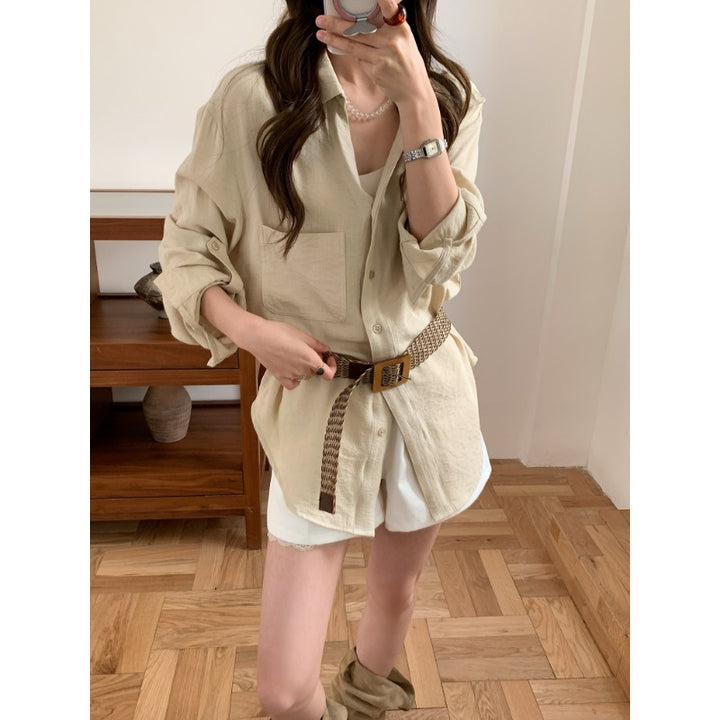 Damen Lässiges Leinenoptik-Longshirt mit Oversize-Schnitt und Brusttasche Drune