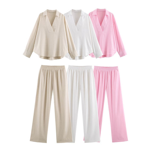 Damen Oversize Leinen-Mix Bluse mit tiefem V-Ausschnitt und Hemdkragen Drune