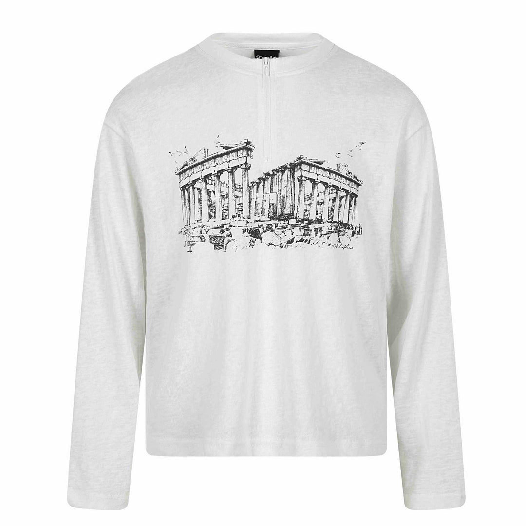 Unisex Langarm-Halbzipshirt mit Stehkragen und Parthenon-Print Drune