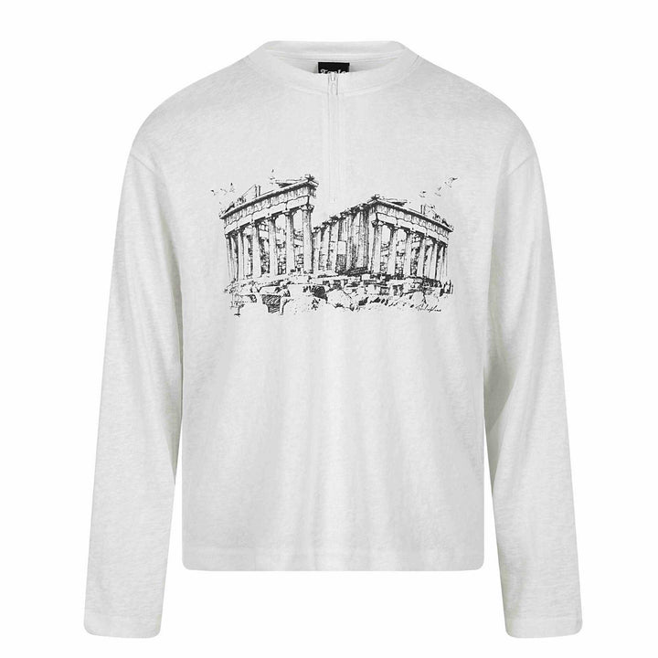 Unisex Langarm-Halbzipshirt mit Stehkragen und Parthenon-Print Drune