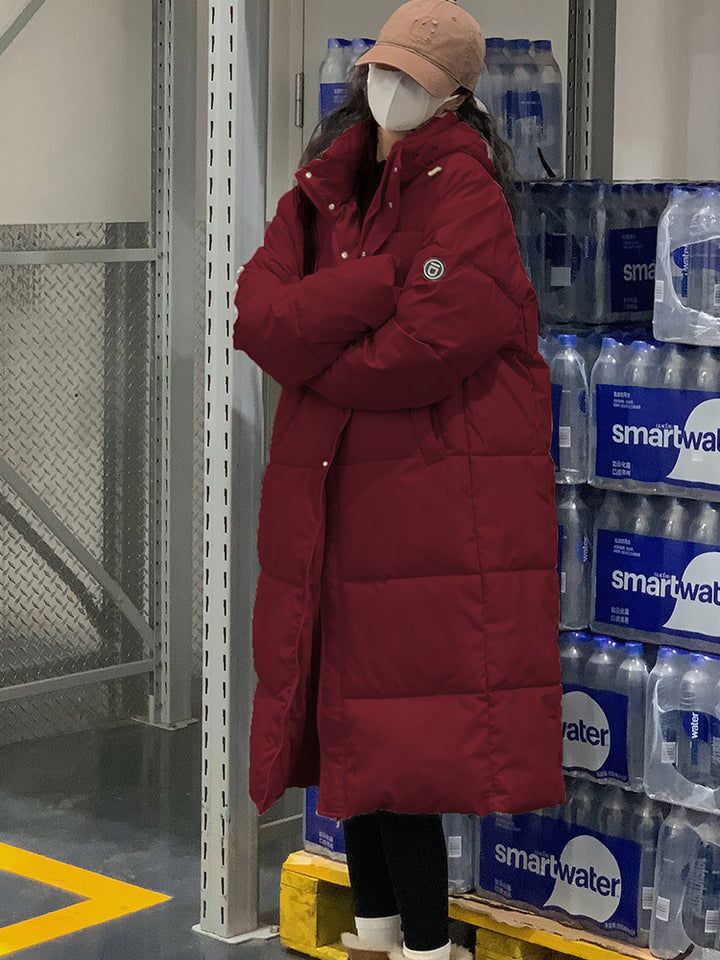 Damen Lange Steppjacke mit Kapuze und hohen Kragen Drune