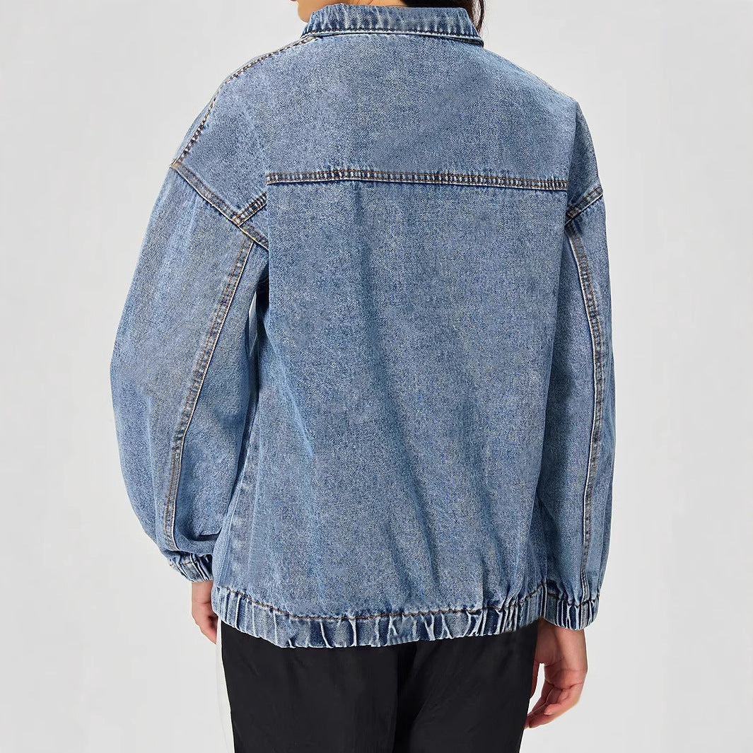 Damen lockeres Denim-Pullover mit Stehkragen und Reißverschluss Drune