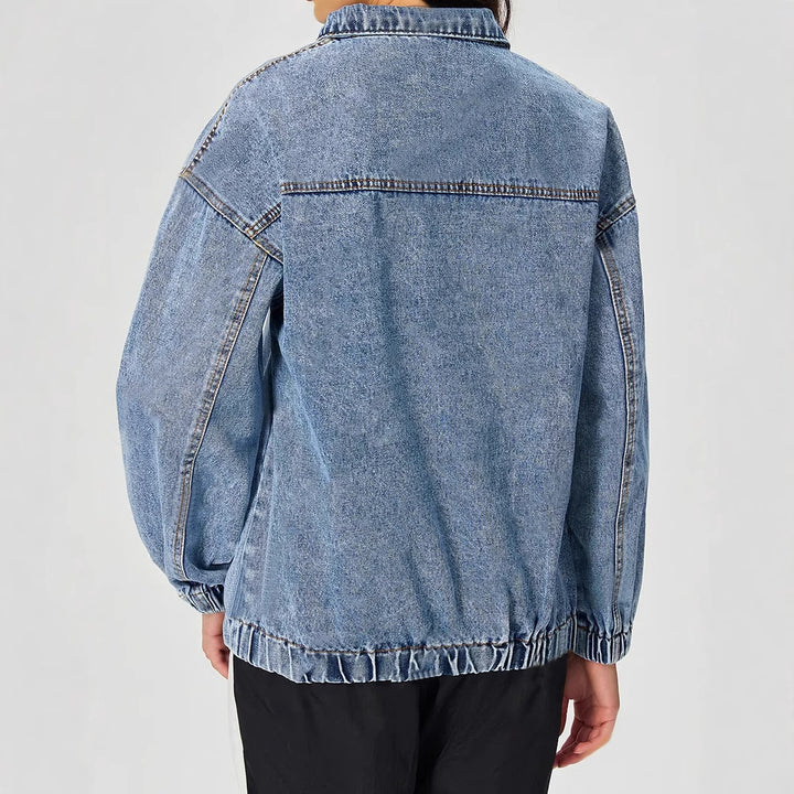 Damen lockeres Denim-Pullover mit Stehkragen und Reißverschluss Drune