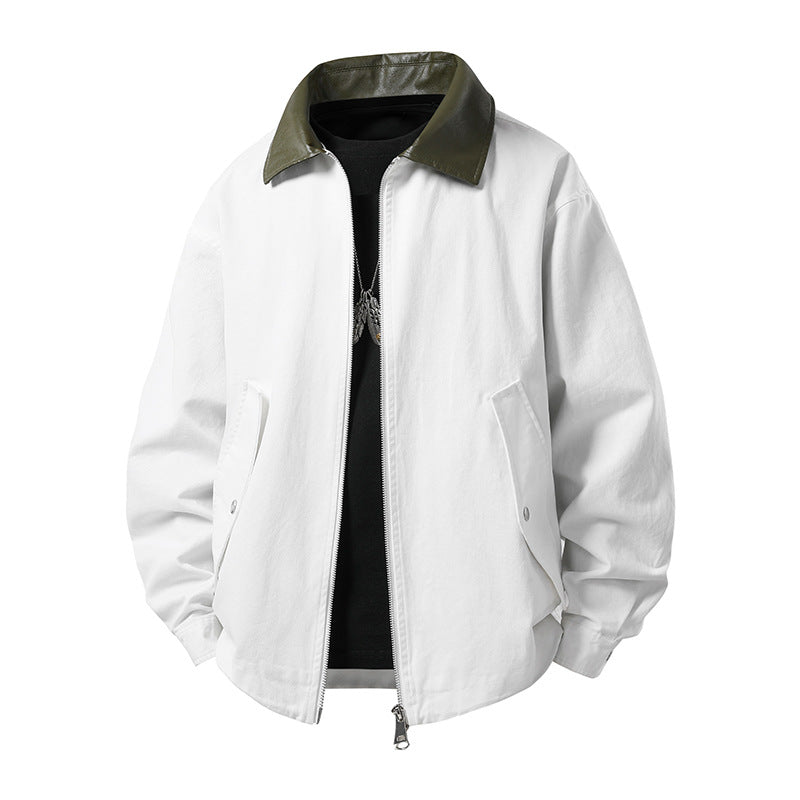 Herren leichte Oversize-Übergangsjacke mit Kontrastkragen aus Kunstleder und Zwei-Wege-Reißverschluss Drune