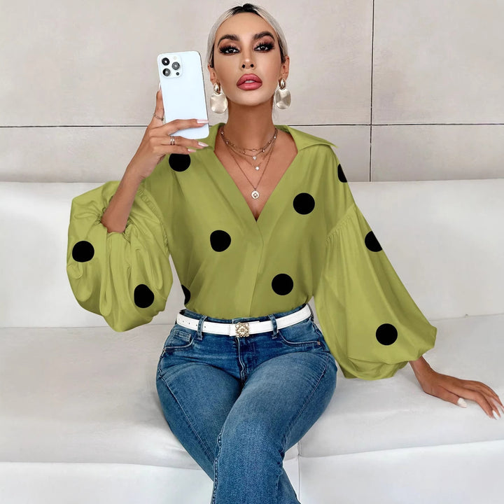 Damen Oversize-Bluse mit voluminösen Puffärmeln und Punktmuster Drune