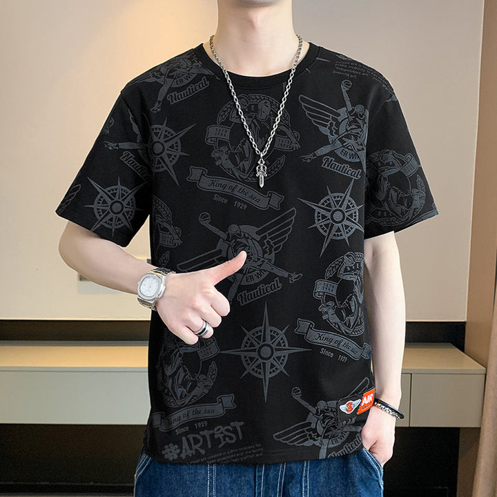 Herren Oversize-Print-T-Shirt mit Allover-Nautical-Logos und Rundhalsausschnitt Drune