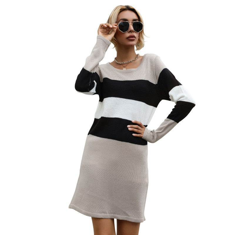 Damen Strickkleid schulterfrei oversized mit breiten Streifen Drune