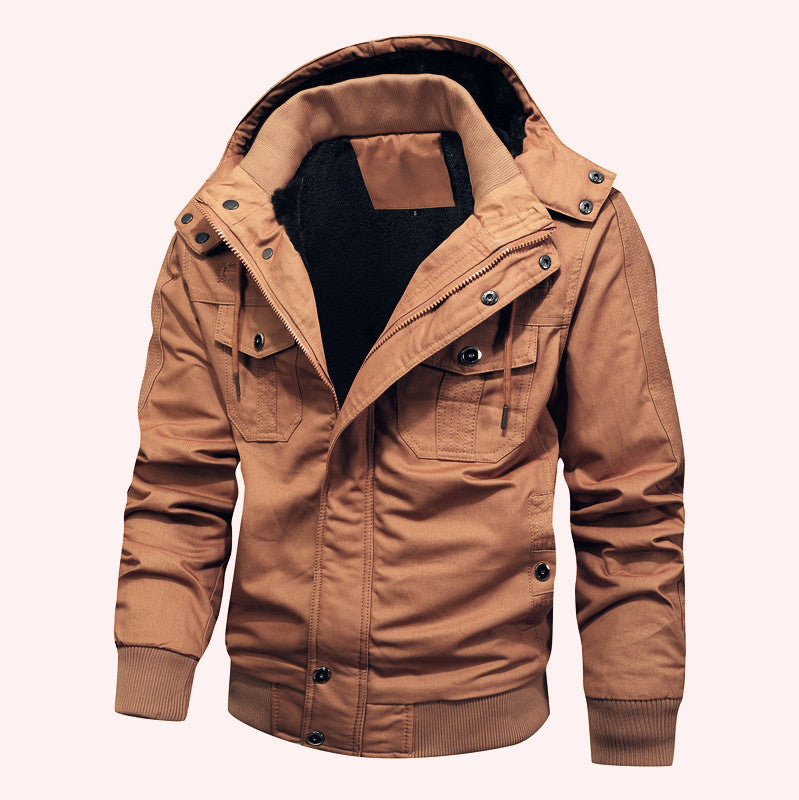 Herren Arbeitsjacke aus Canvas mit Teddy-Innenfutter, Kapuze und Utility-Taschen Drune