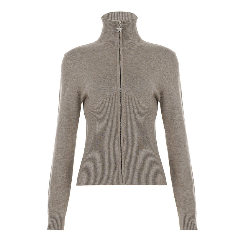 Damen Figurbetonter Zip-Pullover mit Stehkragen und taillierter Rippstruktur Drune
