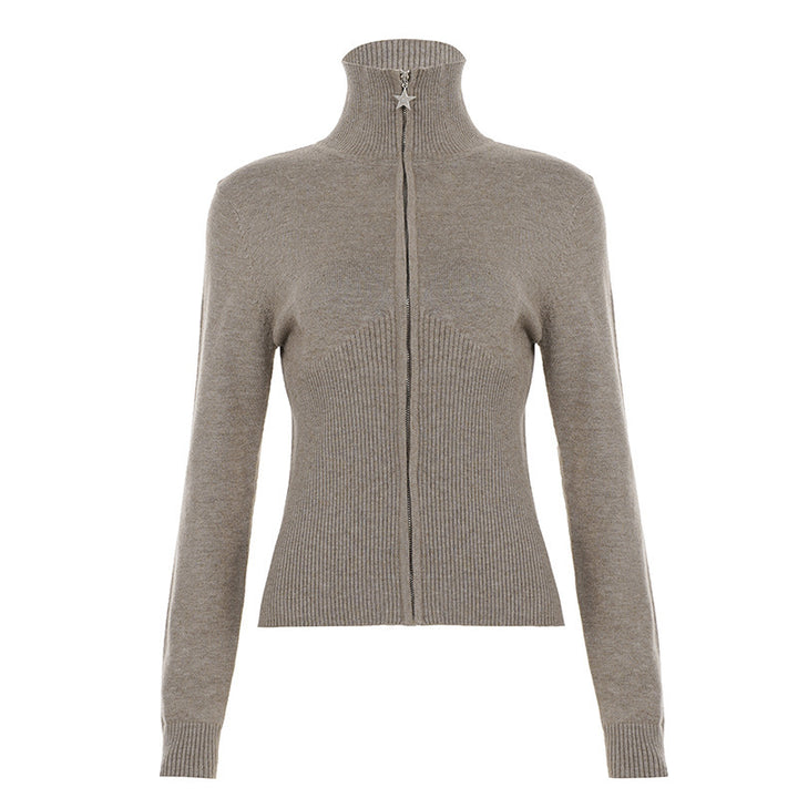 Damen Figurbetonter Zip-Pullover mit Stehkragen und taillierter Rippstruktur Drune