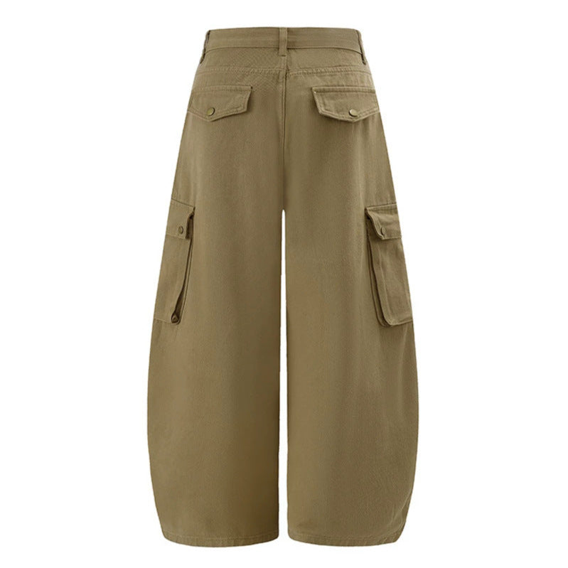 Damen Weite Cargo-Palazzo-Hose mit hohem Bund, Ballon-Saum und mehreren Klappentaschen Drune