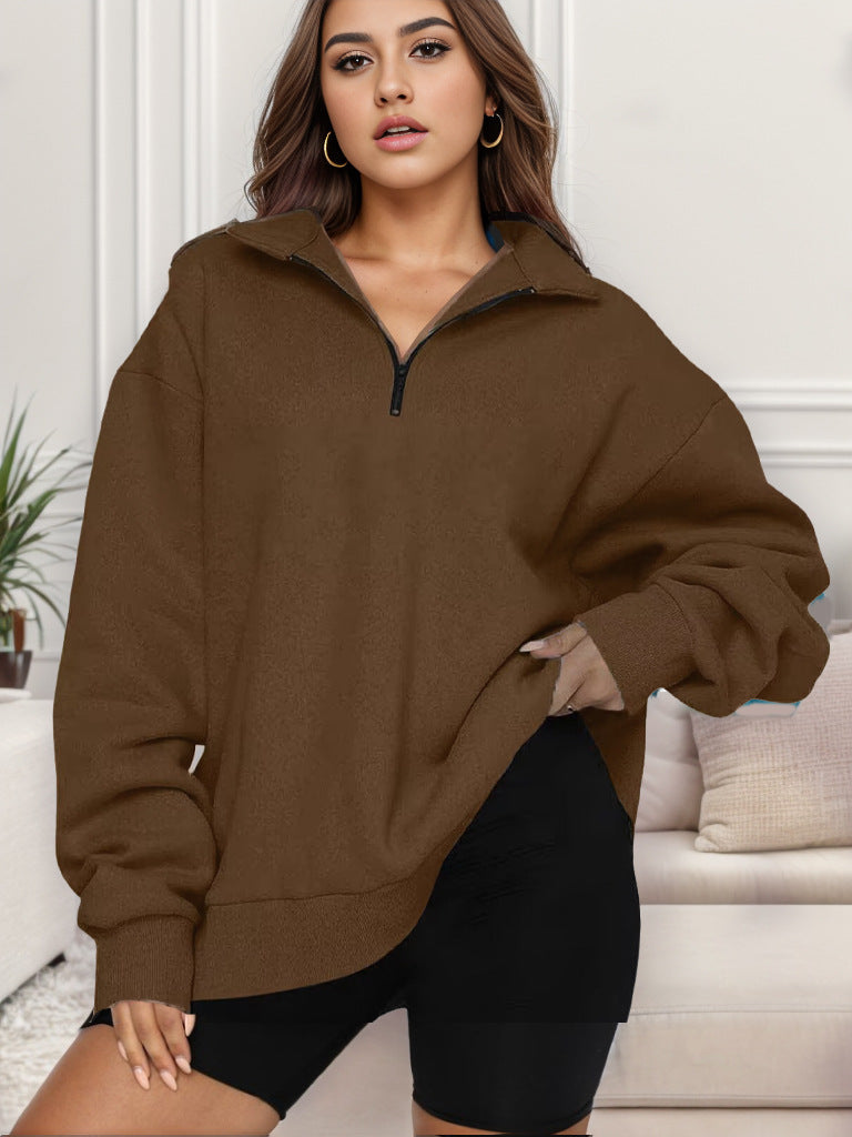 Damen nan übergroßes Sweatshirt mit Halbreißverschluss und Stehkragen Drune