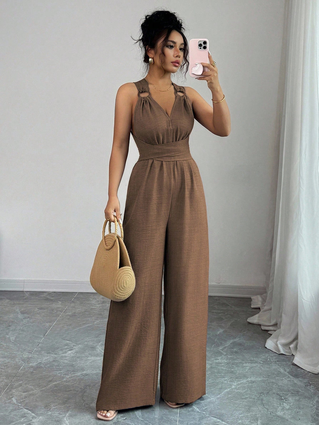 Damen Jumpsuit mit weitem Bein, tailliertem Wickelband und Ösen-Trägern Drune