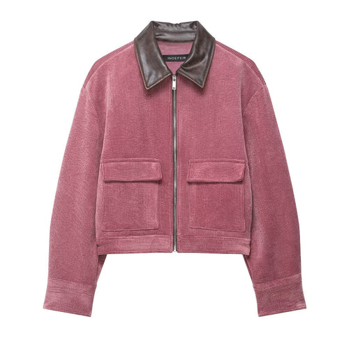 Damen Kurze Cord-Collegejacke mit Kunstlederkragen und aufgesetzten Pattentaschen Drune