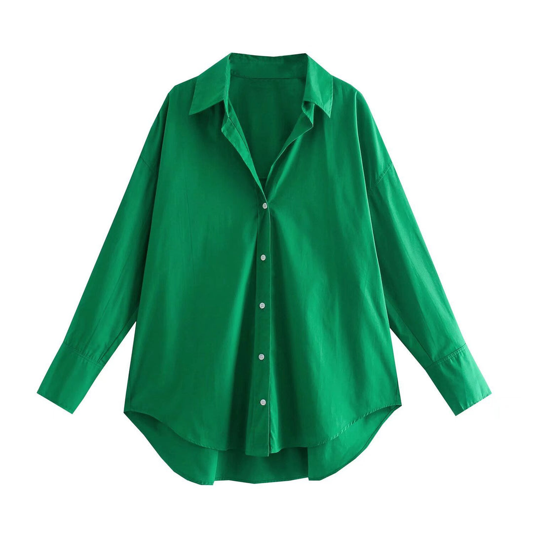 Damen nan oversized Longbluse mit Kentkragen, durchgehender Knopfleiste und abgerundetem Saum Drune