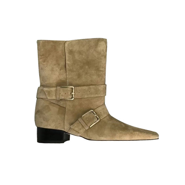 Damen Mittelhohe Wildlederoptik-Stiefelette mit quadratischer Spitze, verstellbaren Schnallenriemen und flachem Blockabsatz Drune