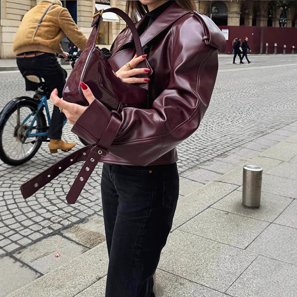 Damen Kunstlederjacke im Oversized-Design mit Riemen und neuen Details Drune