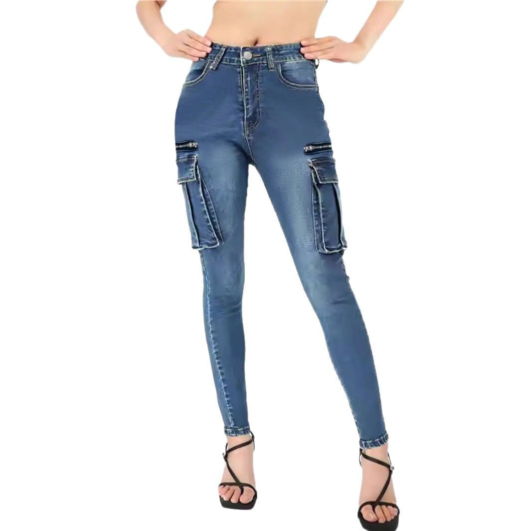 Damen High‑Waist Slim‑Cargo‑Jeans mit Klappentaschen und Reißverschluss-Details Drune