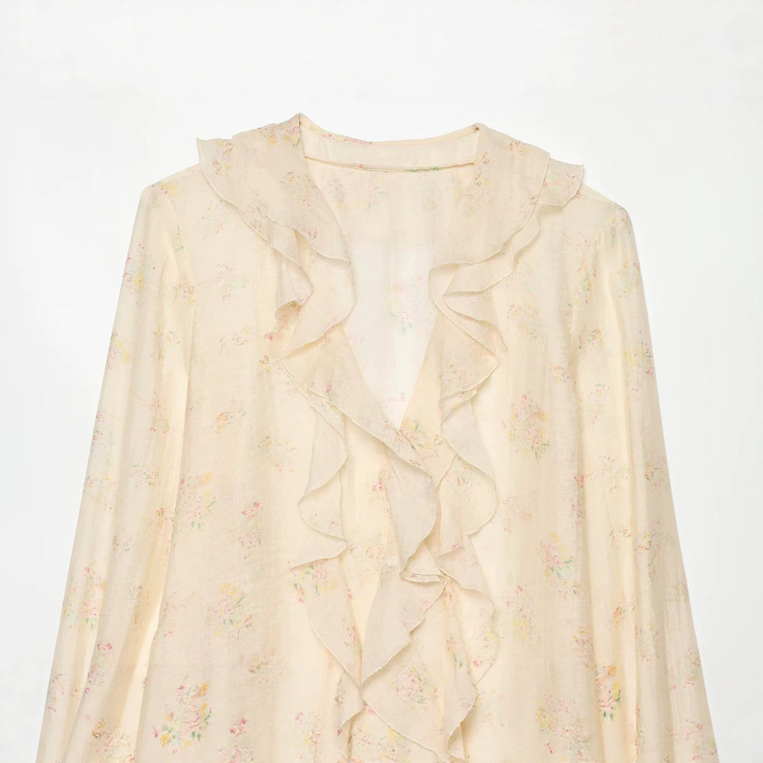 Damen Leichte Chiffonbluse mit Volantkragen, tiefem V-Ausschnitt und gerafften Trompetenärmeln Drune