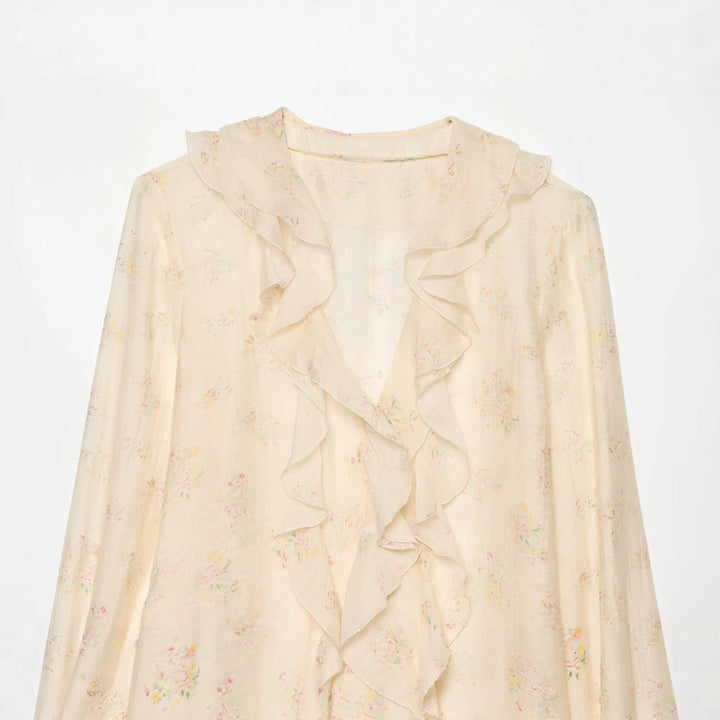 Damen Leichte Chiffonbluse mit Volantkragen, tiefem V-Ausschnitt und gerafften Trompetenärmeln Drune