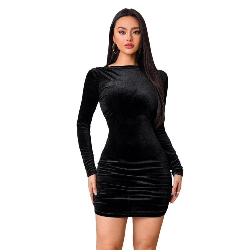 Damen eng anliegendes Samt-Bodycon‑Minikleid mit gerafftem Rock und U‑Boot‑Ausschnitt Drune