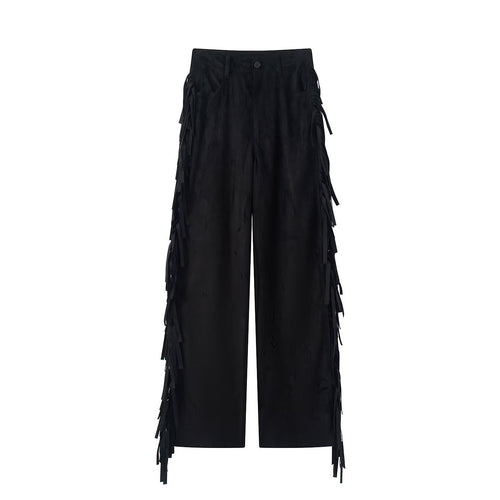 Damen Weite High-Waist-Hose mit seitlichen Fransen und Knopfverschluss Drune