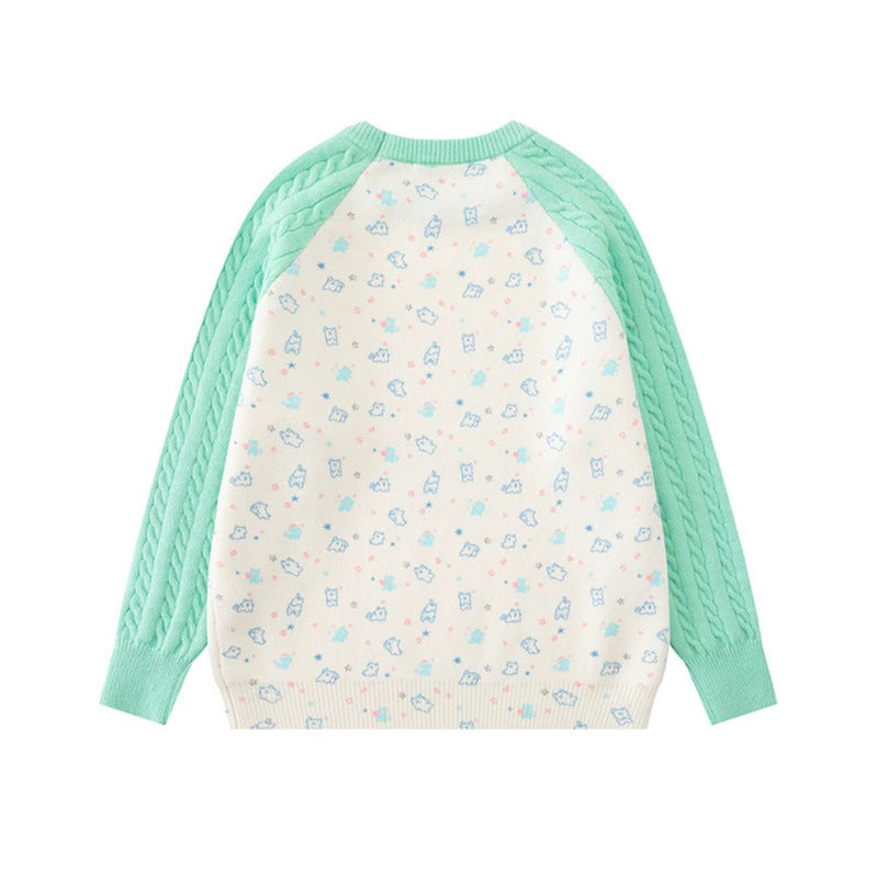 Damen Strickpullover mit Raglanärmeln, Zopfmuster-Ärmeln und Cartoon-Katzenfrontprint Drune