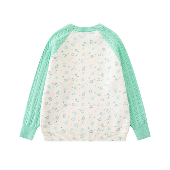 Damen Strickpullover mit Raglanärmeln, Zopfmuster-Ärmeln und Cartoon-Katzenfrontprint Drune