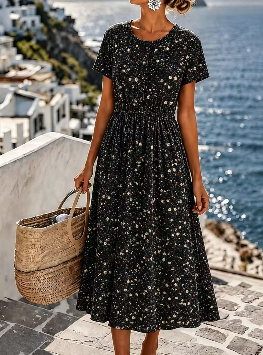 Damen Midikleid mit floralem Alloverprint, Tunnelzugtaillenband und Knopfleiste Drune