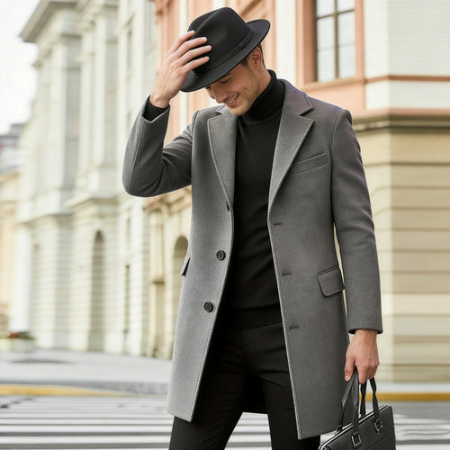 Herren nan eleganter City-Mantel aus Wollmix mit schmaler Silhouette, Reverskragen und Pattentaschen Drune