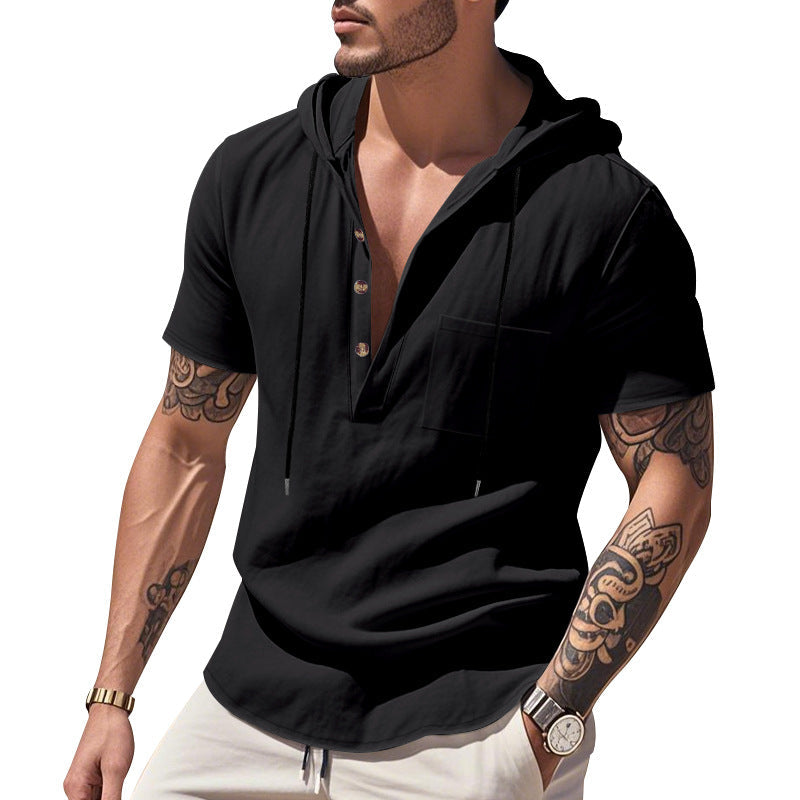 Herren nan legere Kurzarm-Kapuzen-Henley aus Single-Jersey mit Brusttasche und Kontrastkordel Drune