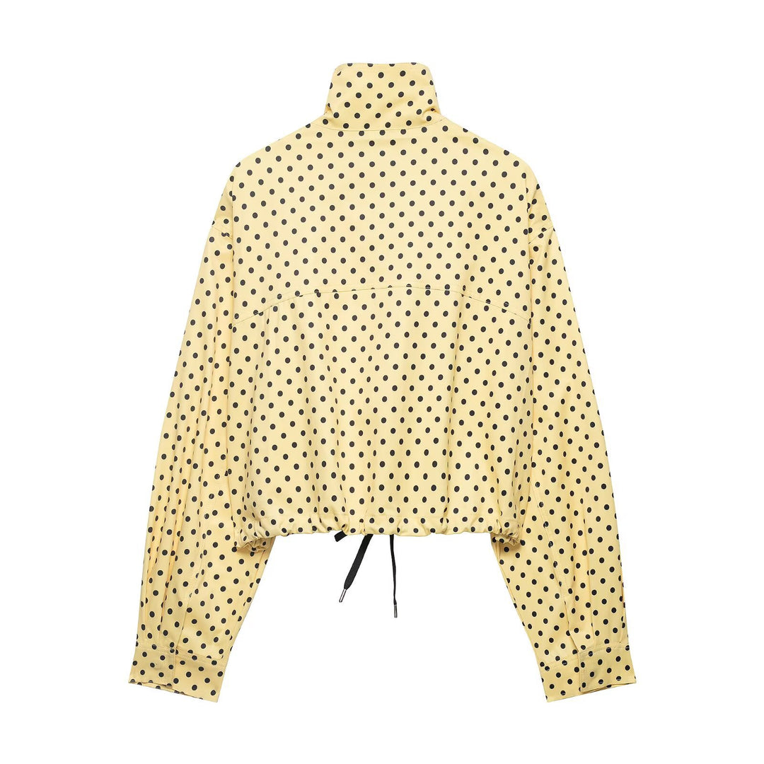 Damen Cropped-Übergangsjacke mit Polka-Dot, hohem Funnelkragen und Tunnelzug Drune