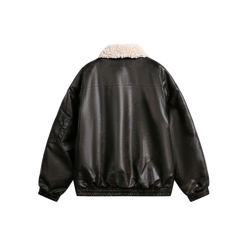 Herren Aviator-inspirierte Kunstleder‑Blousonjacke mit Teddy‑Umlegekragen und Ärmel‑Utilitytasche Drune