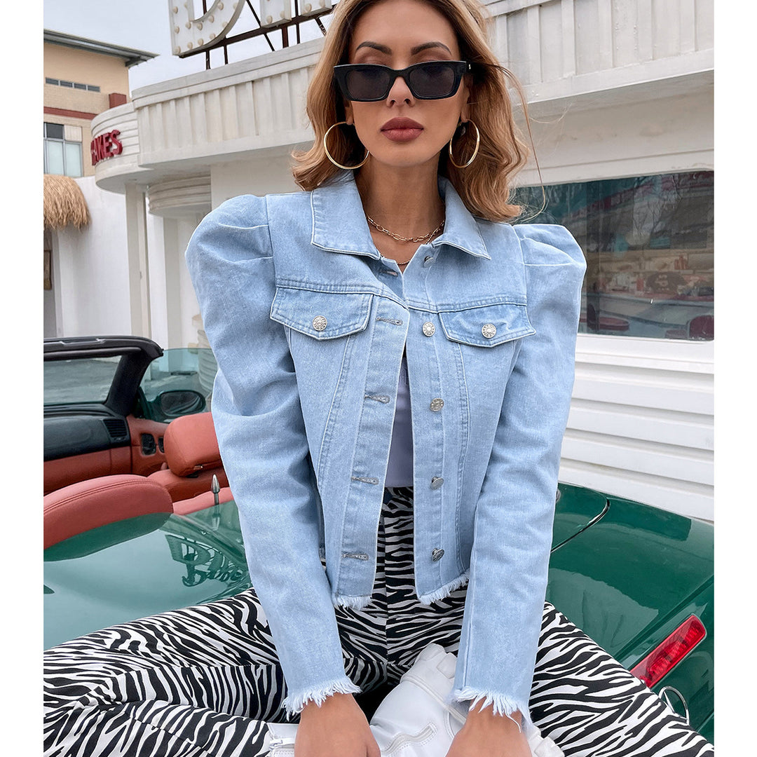 Damen stylische Jeansjacke mit puffigen Ärmeln und dekorativen Knopfdetails Drune