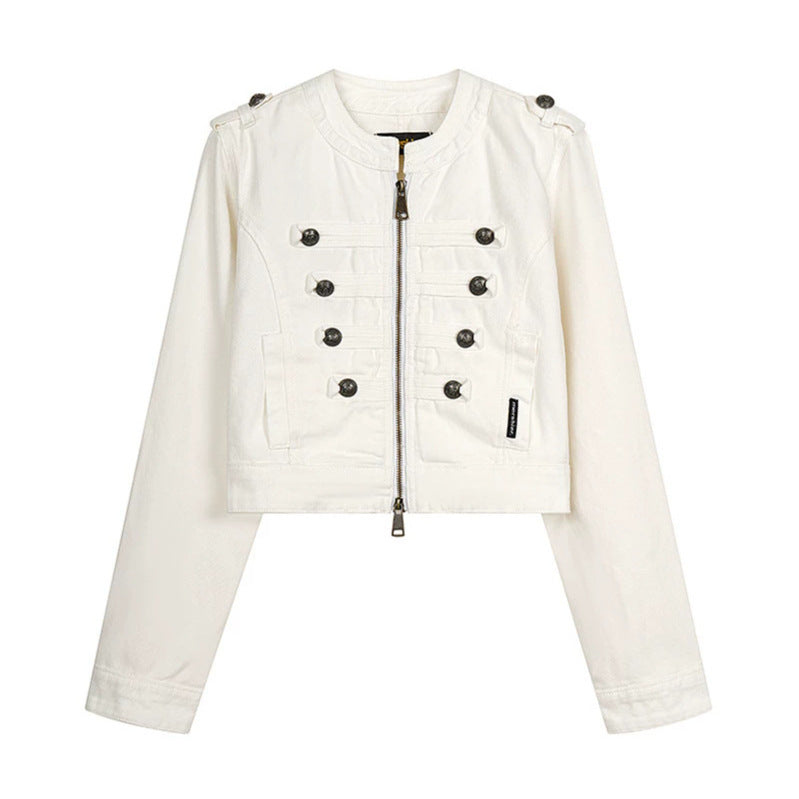 Damen Cropped-Denimjacke im Military‑Stil mit Zierknopfleisten Drune