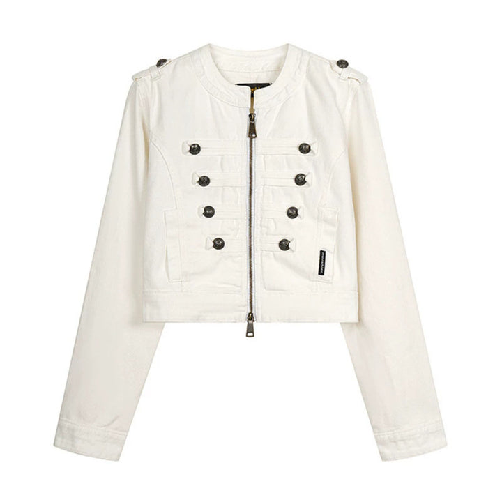 Damen Cropped-Denimjacke im Military‑Stil mit Zierknopfleisten Drune