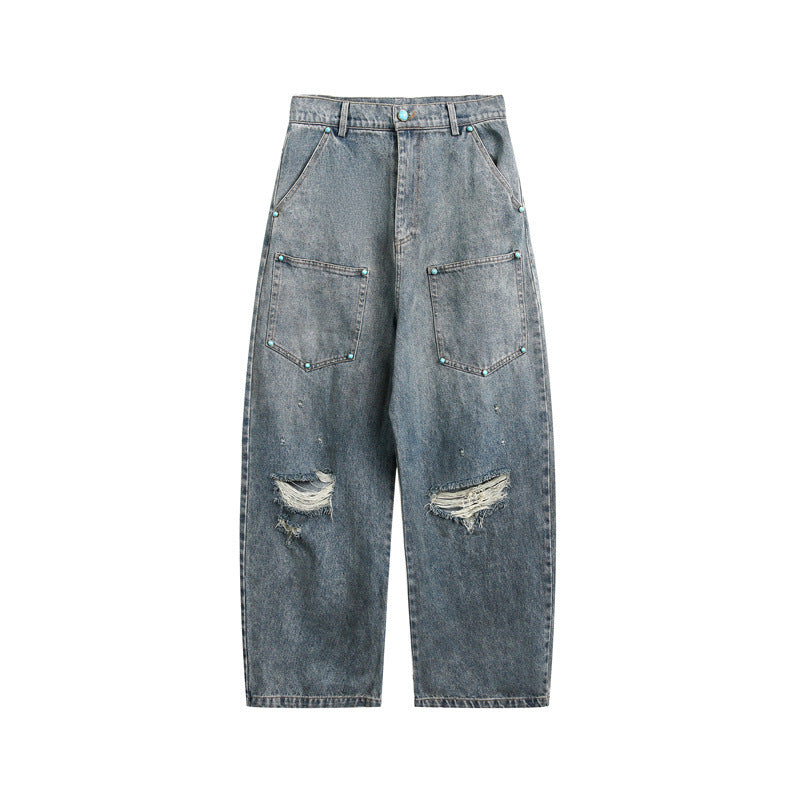 Damen High‑Waist Baggy-Jeans mit aufgesetzten Fronttaschen und Destroy-Details Drune