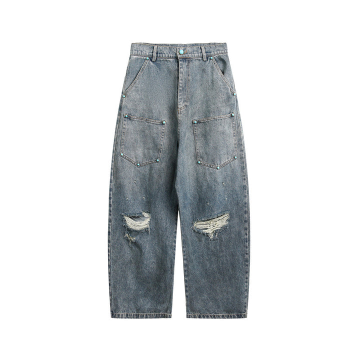 Damen High‑Waist Baggy-Jeans mit aufgesetzten Fronttaschen und Destroy-Details Drune