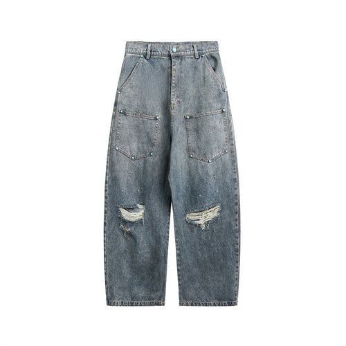 Damen High‑Waist Baggy-Jeans mit aufgesetzten Fronttaschen und Destroy-Details Drune