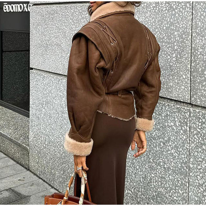 Damen Elegante und stilvolle Jacke mit Kunstfellkragen und taillierter Silhouette Drune